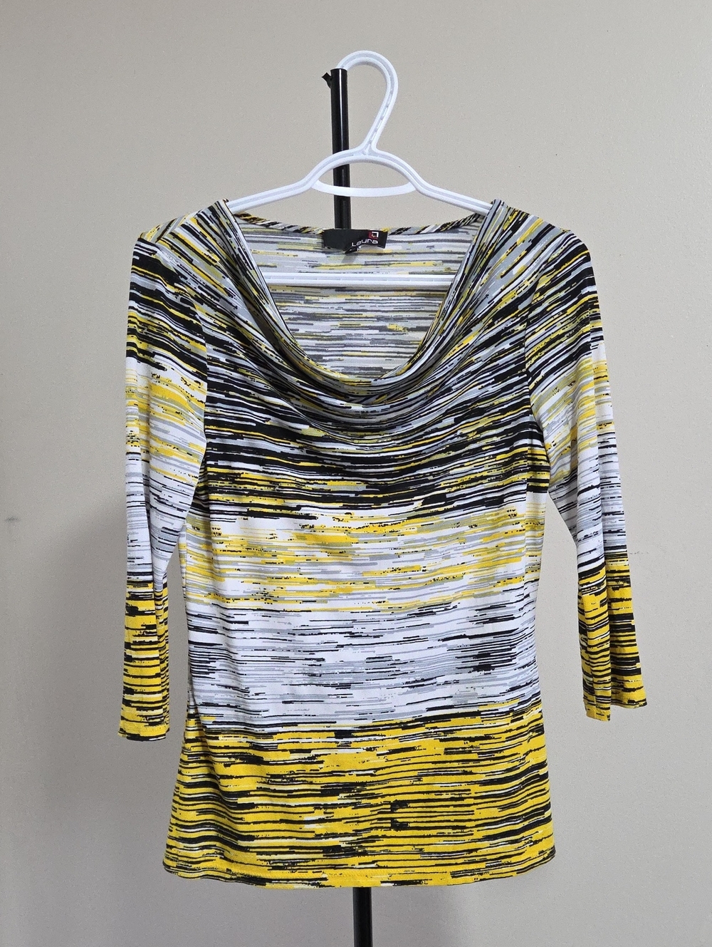 Laura  Cowl Neck Striped Knit Blouse - Yellow, Black & White
